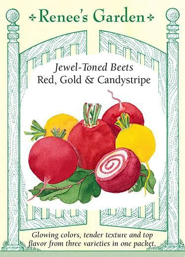 A packet of Renee's Jewel-toned Beets seeds. There is a botanical illustration of multiple beets which are red and yellow. There is one red beet in the bottom right corner of the illustration which is cut in half, displaying its peppermint candy-like cross section. Text across the bottom reads: 