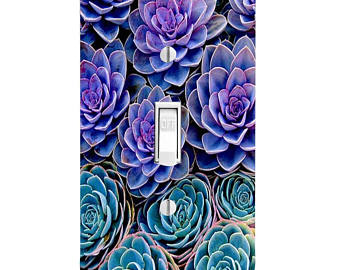Blue Purple Succulents Light Switch Cover: a photorealistic image of succulents. The top 2/3rds of the cover is filled with large, purple rosette-shaped succulents. The bottom 1/3rd is filled with multiple blue rosette-shaped succulents.