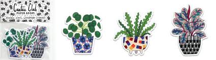 Houseplant Volume 3: a three-pack of vinyl stickers in different colorful pots. From left to right, the plants are: the Chinese money plant, fishbone cactus, and ruby rubber tree.