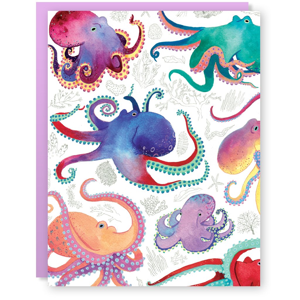 The front of this card depicts multiple octopi of different sizes, colors, and poses floating through a white ocean with simple coral line drawings throughout.
