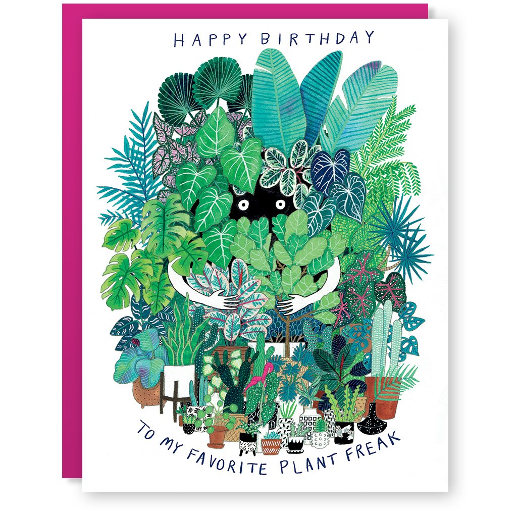 The front of this greeting card depicts a giant collection of houseplants, cacti, and succulents. From within the massive collection, two eyes and two arms peek out, as if to hug the plants. Text across the top and bottom reads: 