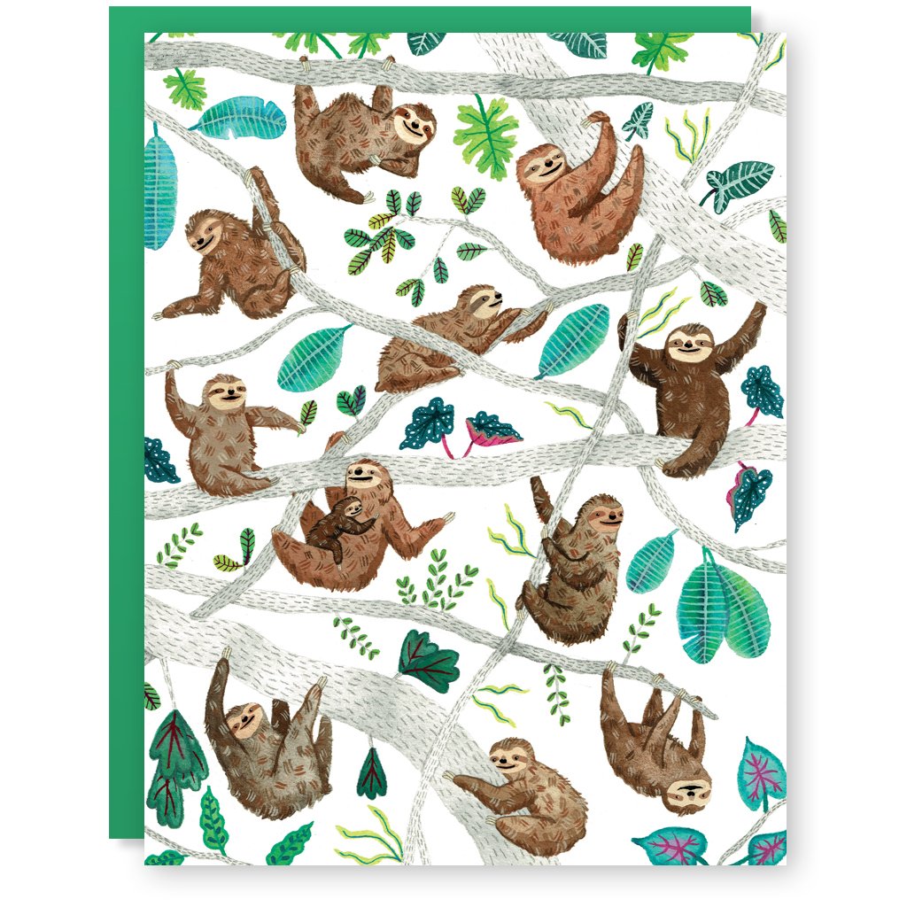 The front of this card depicts a tree canopy scene with many happy-looking sloths in various poses. They are surrounded by beautiful foliage from different varieties of houseplants, including Angel Wing begonias and caladiums.
