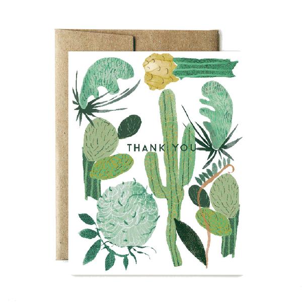 The front of this card consists of a simple but colorful drawings of different types of cacti, in different shapes and sizes. Text across the center reads: 