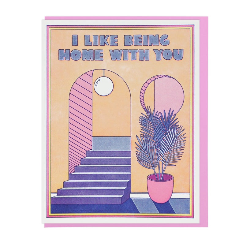 This card depicts an open arched entryway with stairs into a house. To the right of the stairs is a round porthole-like window, underneath which is a potted palm. Block text across the top reads: 