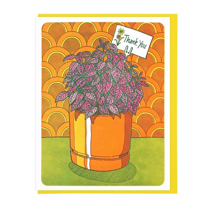 A houseplant with many small, pink, spotted leaves sits in an orange cylindrical planter. A note sticks out of the plant, which reads: 