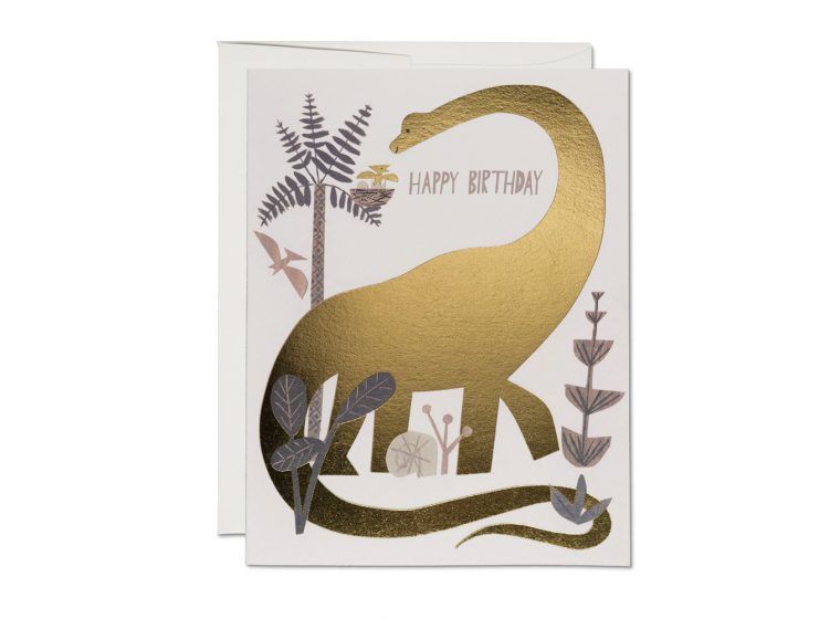 The front of the greeting card depicts a prehistoric nature scene. There is a long-necked stegosaurus peering into a nest in a palm tree. Inside the nest is a freshly-hatched pterodactyl. Text in the upper half of the card reads: 