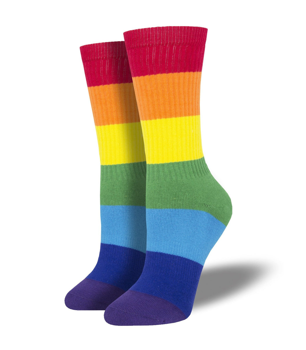 Gay Pride socks: A pair of rainbow Pride socks, which are striped horizontally in the classic Pride colors. The colors start with red at the shins, and goes purple at the toes.