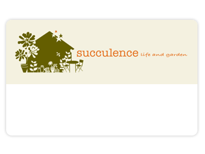 A gift card with Succulence's logo on it, which is the silhouette of an olive green house surrounded by silhouettes of plants, pots, and a cafe bistro set. To the right, orange text reads: 
