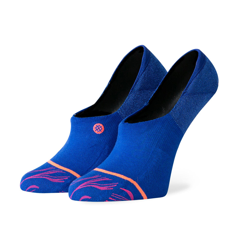 A pair of blue socks arched as if there are feet inside of them. The socks are a deep blue, with a salmon stripe on the ball of the foot. There is a slight swirly pattern on the toes, which is hot pink.